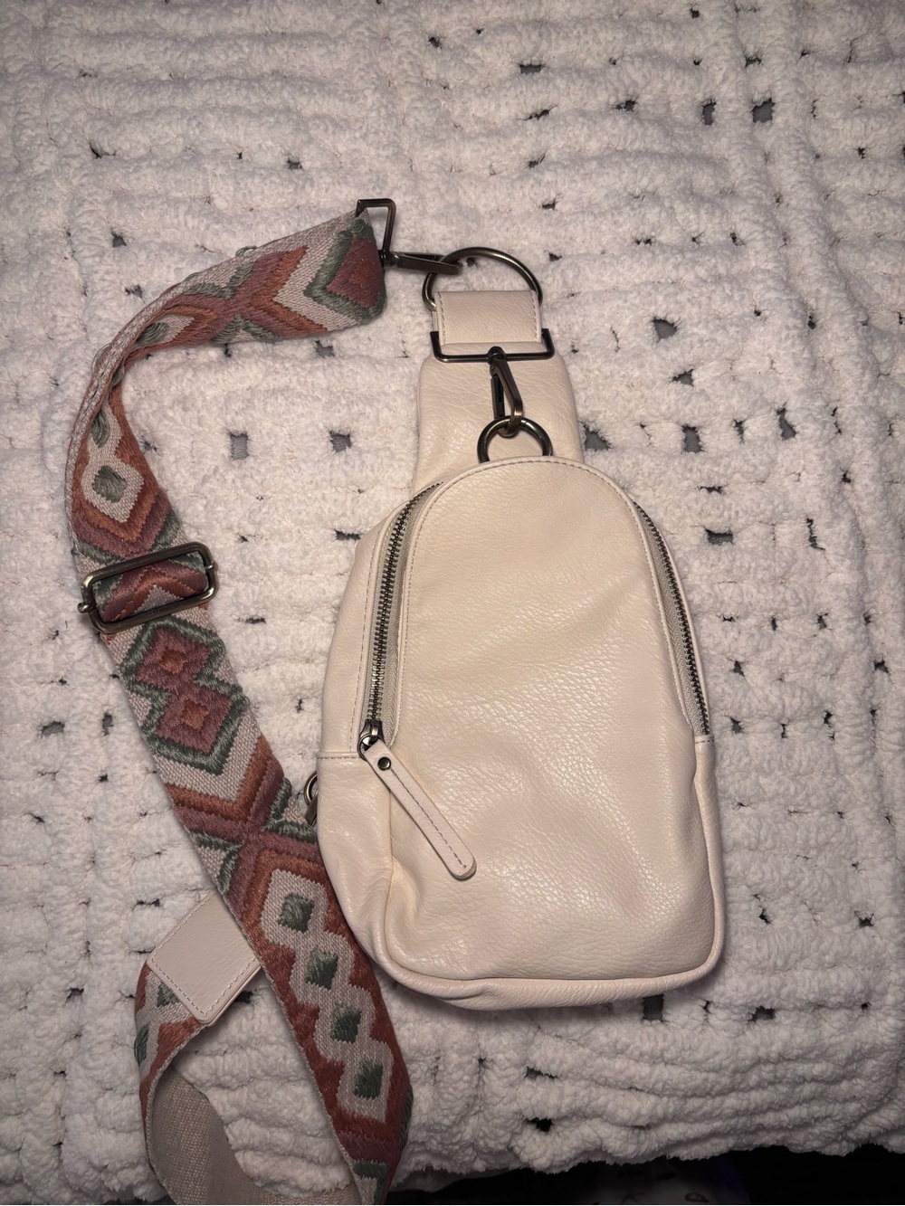 Anthropologie Cream Leather Crossbody Sling Bag with Patterned Adjustable Strap